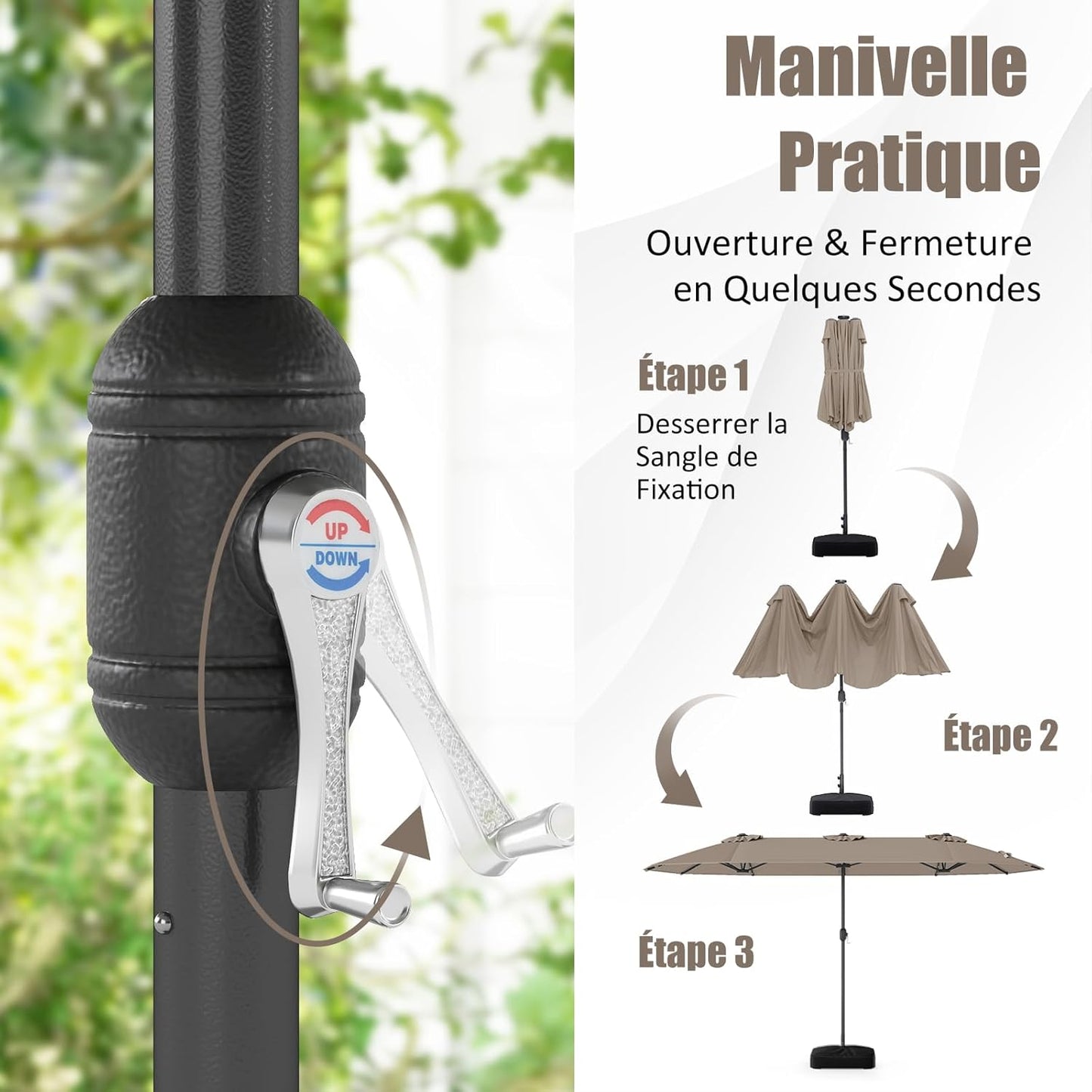 GOPLUS Parasol de Jardin Exterieur avec Pied, 4M Parasol Double Face avec LED, Manivelle et Ventilation, Grand Parasol Extérieur pour 6 Personnes pour Marché, Piscine, Terrasse, Balcon (Café)