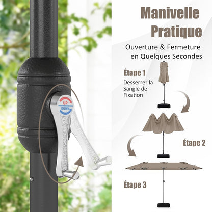 GOPLUS Parasol de Jardin Exterieur avec Pied, 4M Parasol Double Face avec LED, Manivelle et Ventilation, Grand Parasol Extérieur pour 6 Personnes pour Marché, Piscine, Terrasse, Balcon (Café)