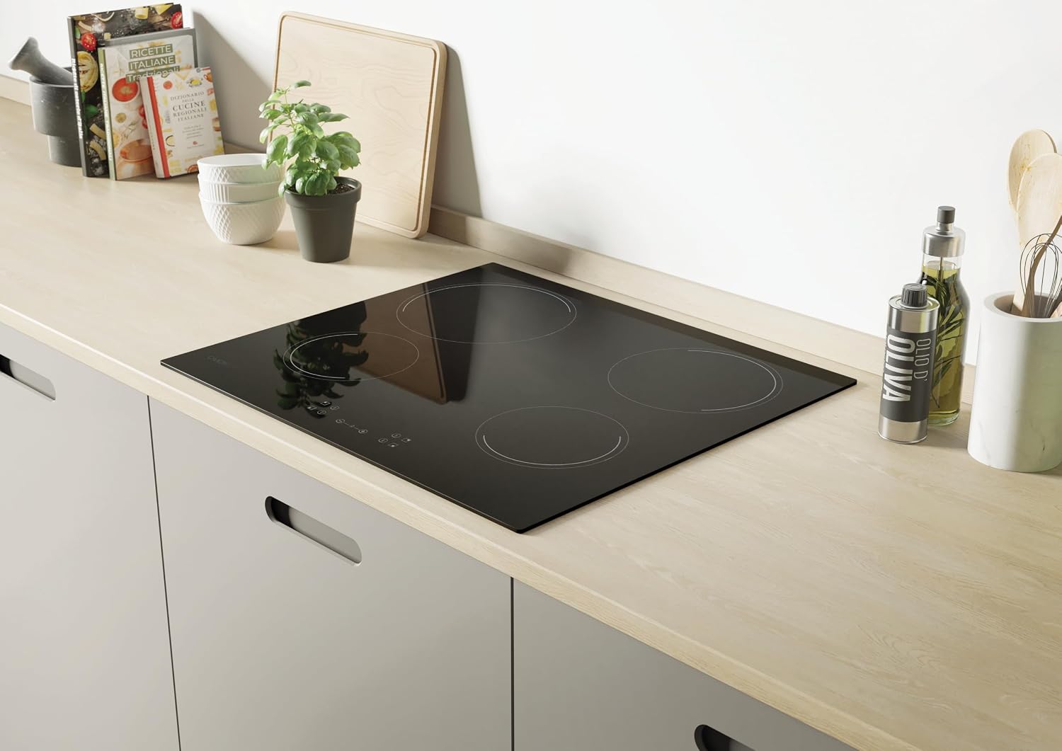 CANDY - Ceramic Hob - 4 Cooking Zones, Adjustable Power, Automatic Zone Detection, Grouped Controls - 6500 W - Flower Installation, Straight Edges - 59 x 52 x 4.5 cm