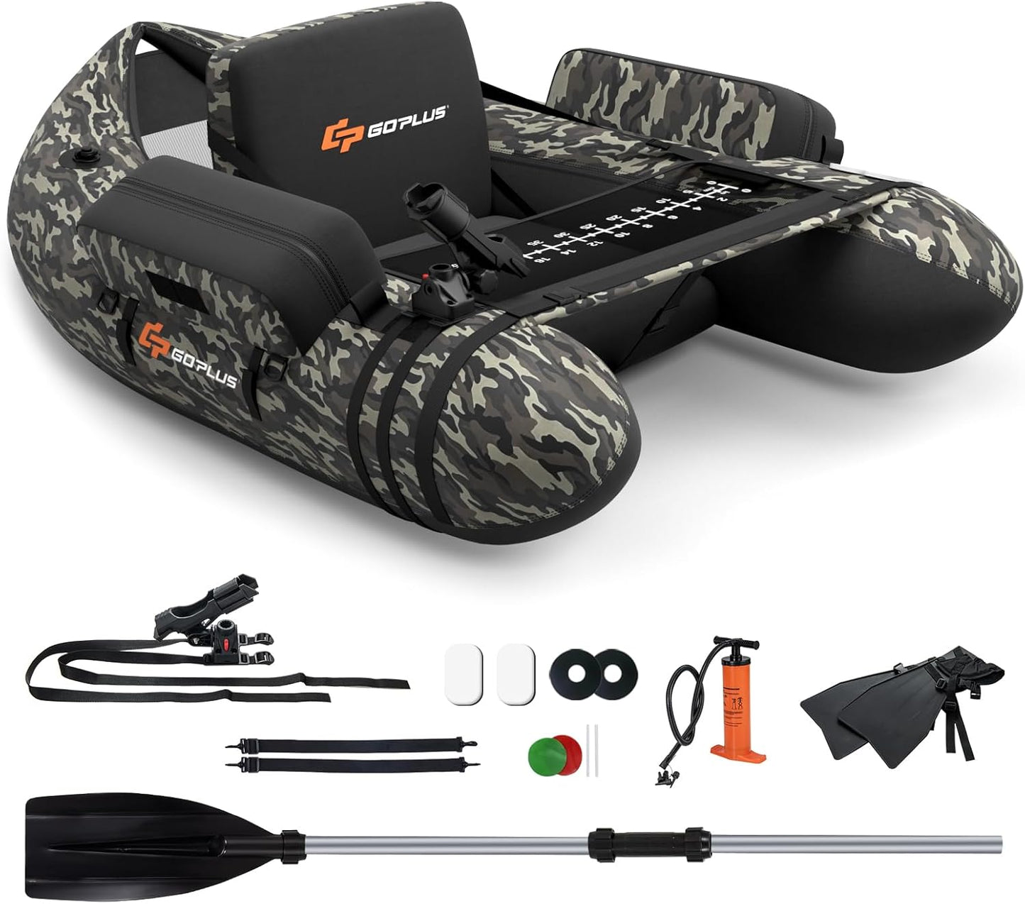 GOPLUS Bateau Pêche Gonflable, Float Tube Tissu Polyester avec Support de Canne Peches, Dossier, Sangles Réglables, Pompe, Règle à Poisson, Poches Rangement, Pagaie, Capacité 150KG