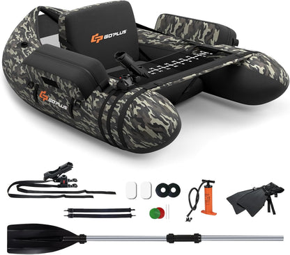 GOPLUS Bateau Pêche Gonflable, Float Tube Tissu Polyester avec Support de Canne Peches, Dossier, Sangles Réglables, Pompe, Règle à Poisson, Poches Rangement, Pagaie, Capacité 150KG