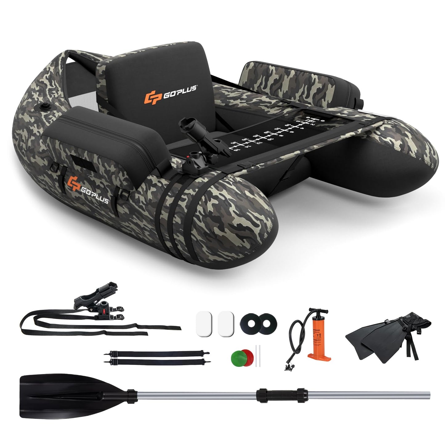 GOPLUS Bateau Pêche Gonflable, Float Tube Tissu Polyester avec Support de Canne Peches, Dossier, Sangles Réglables, Pompe, Règle à Poisson, Poches Rangement, Pagaie, Capacité 150KG