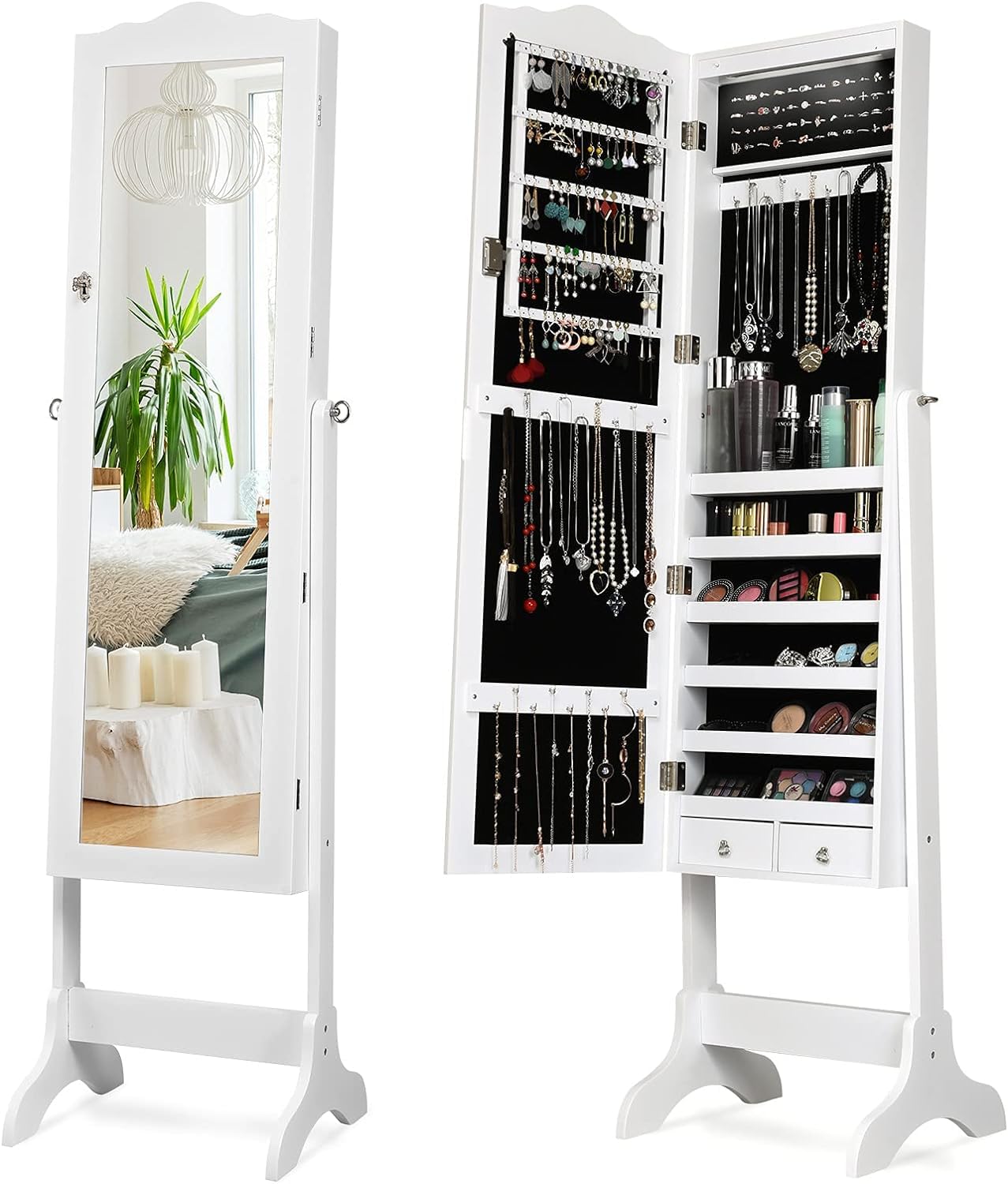 GOPLUS Armoire à Bijoux avec Miroir, 2 en 1 Armoire a Bijoux sur Pied avec 4 Angles Réglables, 14 Lumières LED, 6 Étagères, Meuble Bijoux Verrouillable en Bois pour Femmes et Filles (Brun)