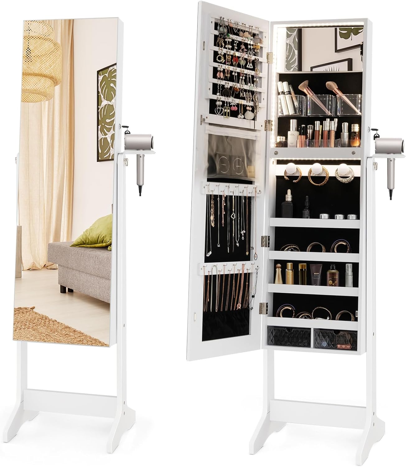 GOPLUS Armoire à Bijoux avec Miroir sur Pied, 2 en 1 Organisateur de Bijoux Verrouillable avec Lumières LED 3 Couleurs, 3 Angles Réglables, Armoire de Rangement Modern pour Collier, Bague, Blanc