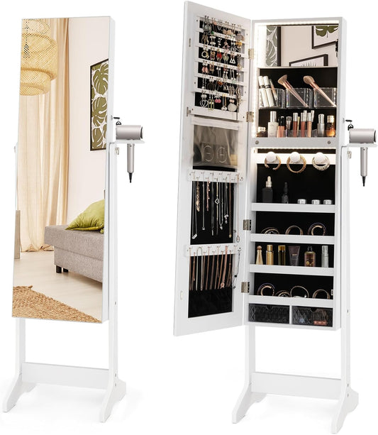 GOPLUS Armoire à Bijoux avec Miroir sur Pied, 2 en 1 Organisateur de Bijoux Verrouillable avec Lumières LED 3 Couleurs, 3 Angles Réglables, Armoire de Rangement Modern pour Collier, Bague, Blanc