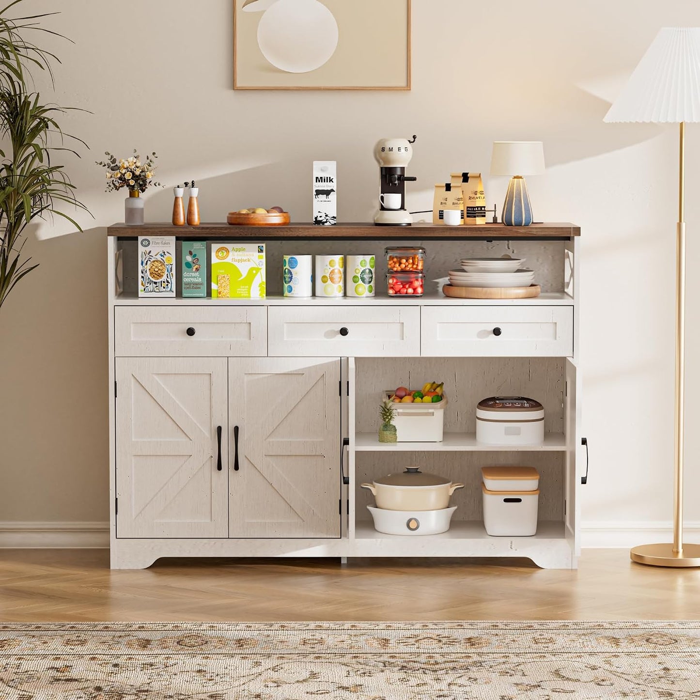 Meuble De Rangement, Buffet, Avec Placard 4 Portes, 3 Tiroirs, Enfilade Avec Étagère Ouverte, Pour Salle À Manger, Salon, Cuisine, Entrée, 130 X 35 X 95 Cm, Blanc