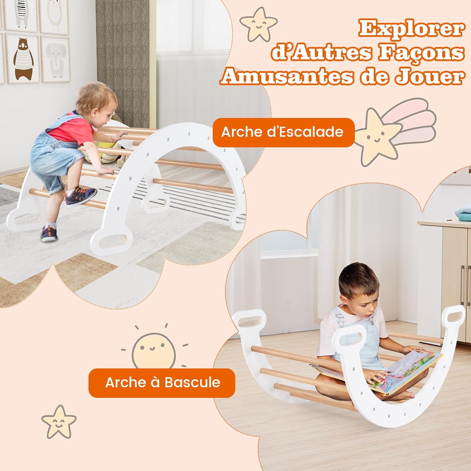 GOPLUS 7 en 1 Triangle Arche Montessori, Arche d'escalade Enfants avec Toboggan Bois,Rampe, Échelle Réglable, Charge 50KG, pour Tout-Petits Bébé 1 Ans+(Gris)