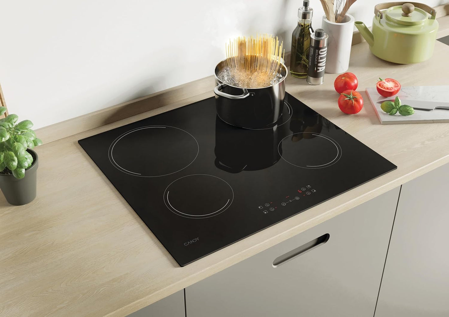 CANDY - Ceramic Hob - 4 Cooking Zones, Adjustable Power, Automatic Zone Detection, Grouped Controls - 6500 W - Flower Installation, Straight Edges - 59 x 52 x 4.5 cm