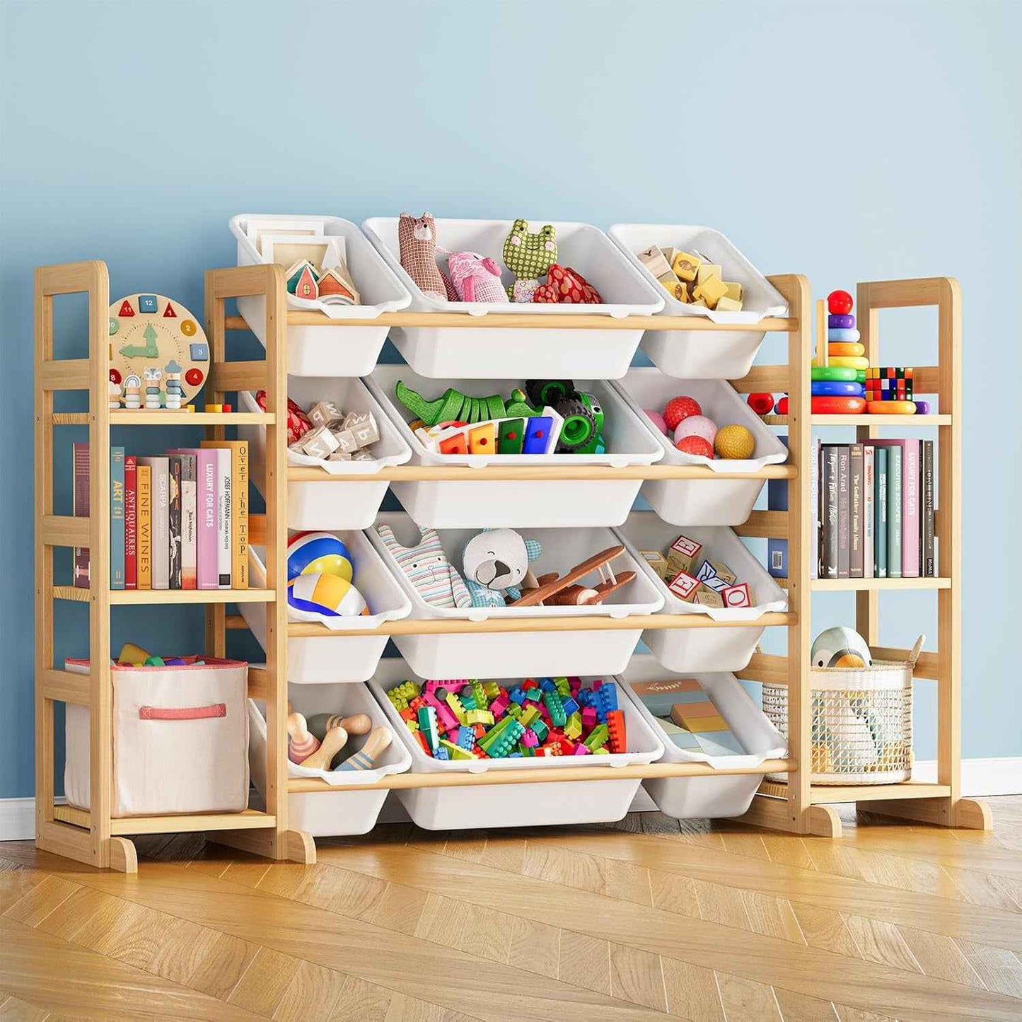 Meuble Rangement Enfant Avec 6 Étagères Et 12 Bacs, Bibliotheque Enfant, Meuble De Rangement Enfant Avec Bacs Pour Chambre Et Salle De Jeux - Blanc