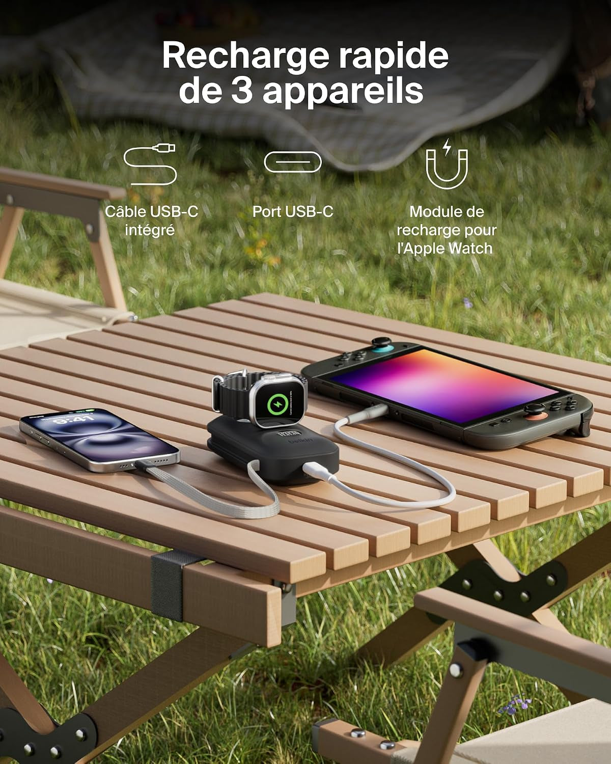 Belkin Boostcharge Pro Batterie Externe 10000Mah Avec Module De Recharge Apple Watch, Chargeur Portable, Câble USB-C À Gaine Tressée Intégré, Écran Numérique, 45W, Recharge De 3 Appareils, Noir