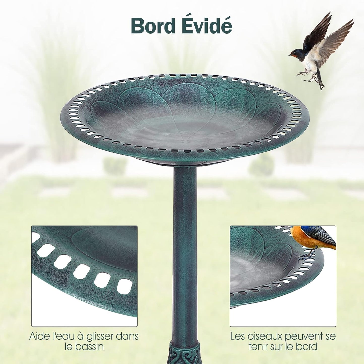 GOPLUS Mangeoire Oiseaux Extérieur, Plateau φ50CM, Abreuvoir Oiseaux Hauteur 72CM, Bain d'oiseaux en PP sur Pied, Base Remplissable, Design Antique, Bronze Vert