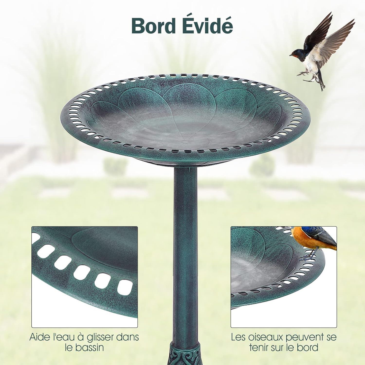 GOPLUS Mangeoire Oiseaux Extérieur, Plateau φ50CM, Abreuvoir Oiseaux Hauteur 72CM, Bain d'oiseaux en PP sur Pied, Base Remplissable, Design Antique, Bronze Vert