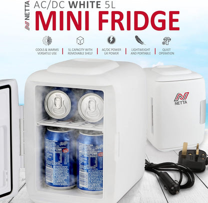 NETTA Mini Réfrigérateur Portable De 5 L Pour Boissons De Bière - Pour Chambre À Coucher, Caravane, Bureau - Avec Fonction De Refroidissement Et De Réchauffement - Portable - AC/DC - Blanc