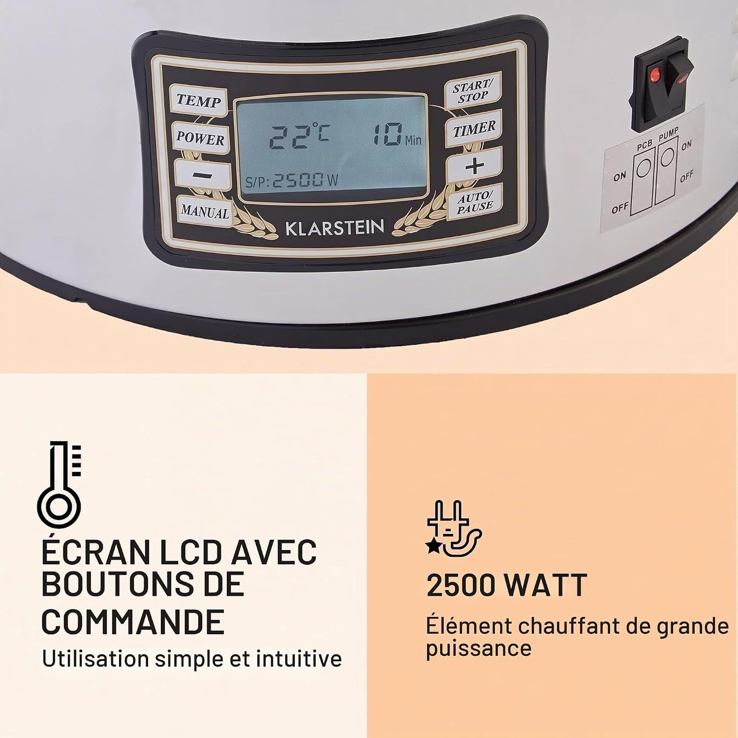 Mundschenk - Cuve De Brassage, Cuve Fermentation Bière, Memorybrew, Ecran LCD, Inox 304, Avec Tamis Et Récipient À Grains, Chauffage De 2500 W, 30 L - Argent