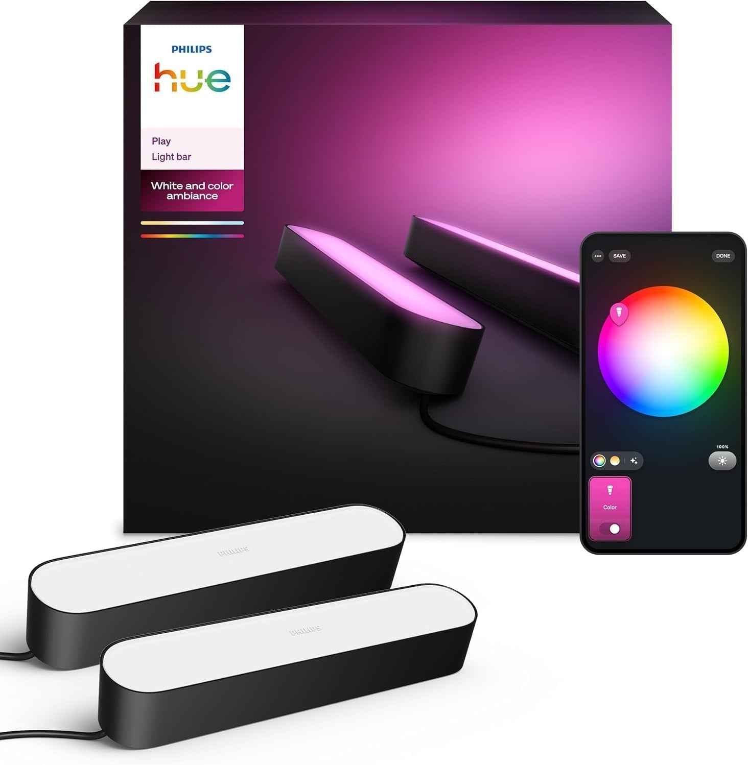 Philips Hue Play White and Color Ambiance Barre Lumineuse LED Connectée, Pack De 2, Unité De Base, Barre LED Pour TV Et Gaming (Compatible Avec Alexa, Google Assistant Et Apple Homekit), Noir