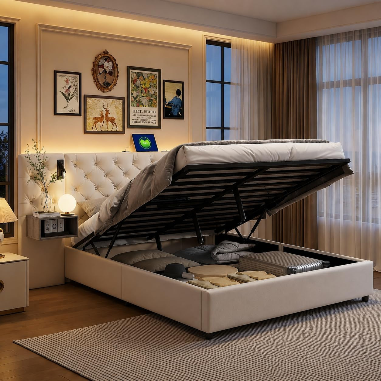 Lit Coffre 140X200 Cm Avec Sommier, Lit Complet En Velours Avec Tables De Chevet, Lit Double Avec Lampes De Lecture, Tête De Lit Avec USB Et USB-C, Pour Adultes (Blanc Cassé, 140 X 200 Cm)