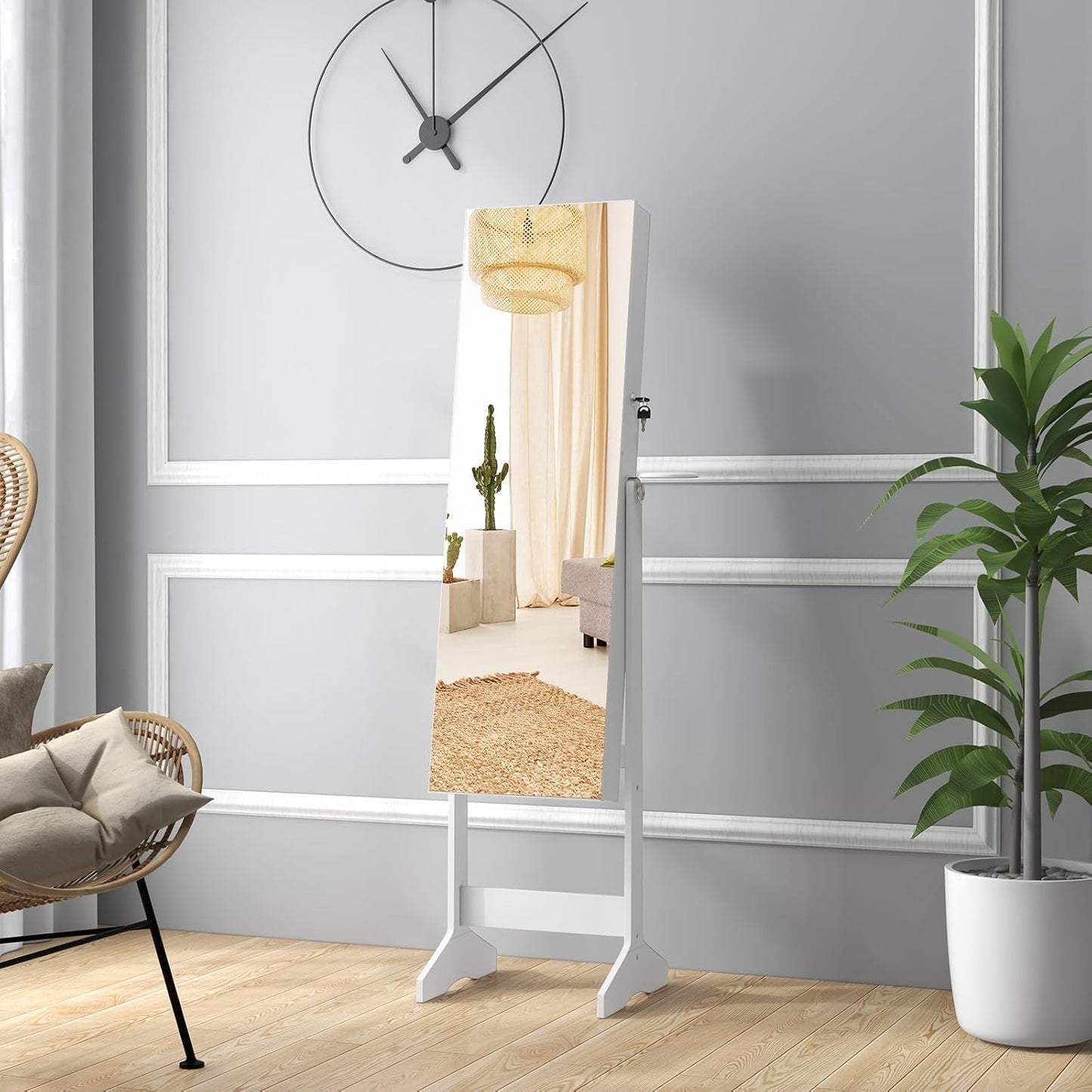 GOPLUS Armoire à Bijoux avec Miroir sur Pied, 2 en 1 Organisateur de Bijoux Verrouillable avec Lumières LED 3 Couleurs, 3 Angles Réglables, Armoire de Rangement Modern pour Collier, Bague, Blanc