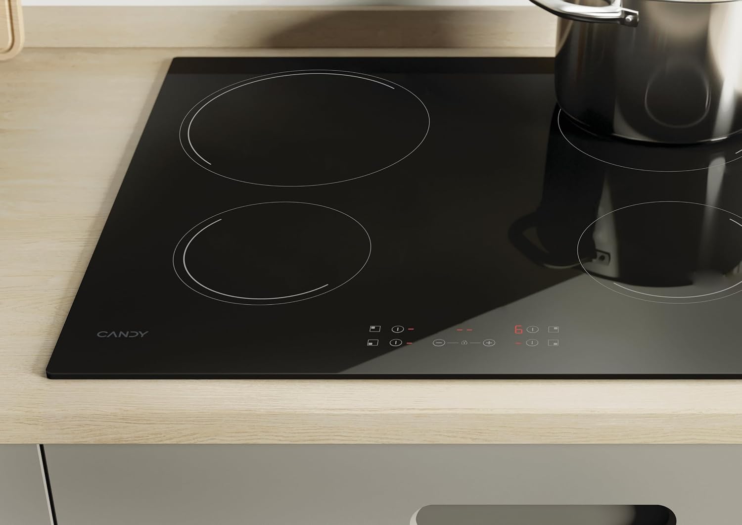 CANDY - Ceramic Hob - 4 Cooking Zones, Adjustable Power, Automatic Zone Detection, Grouped Controls - 6500 W - Flower Installation, Straight Edges - 59 x 52 x 4.5 cm