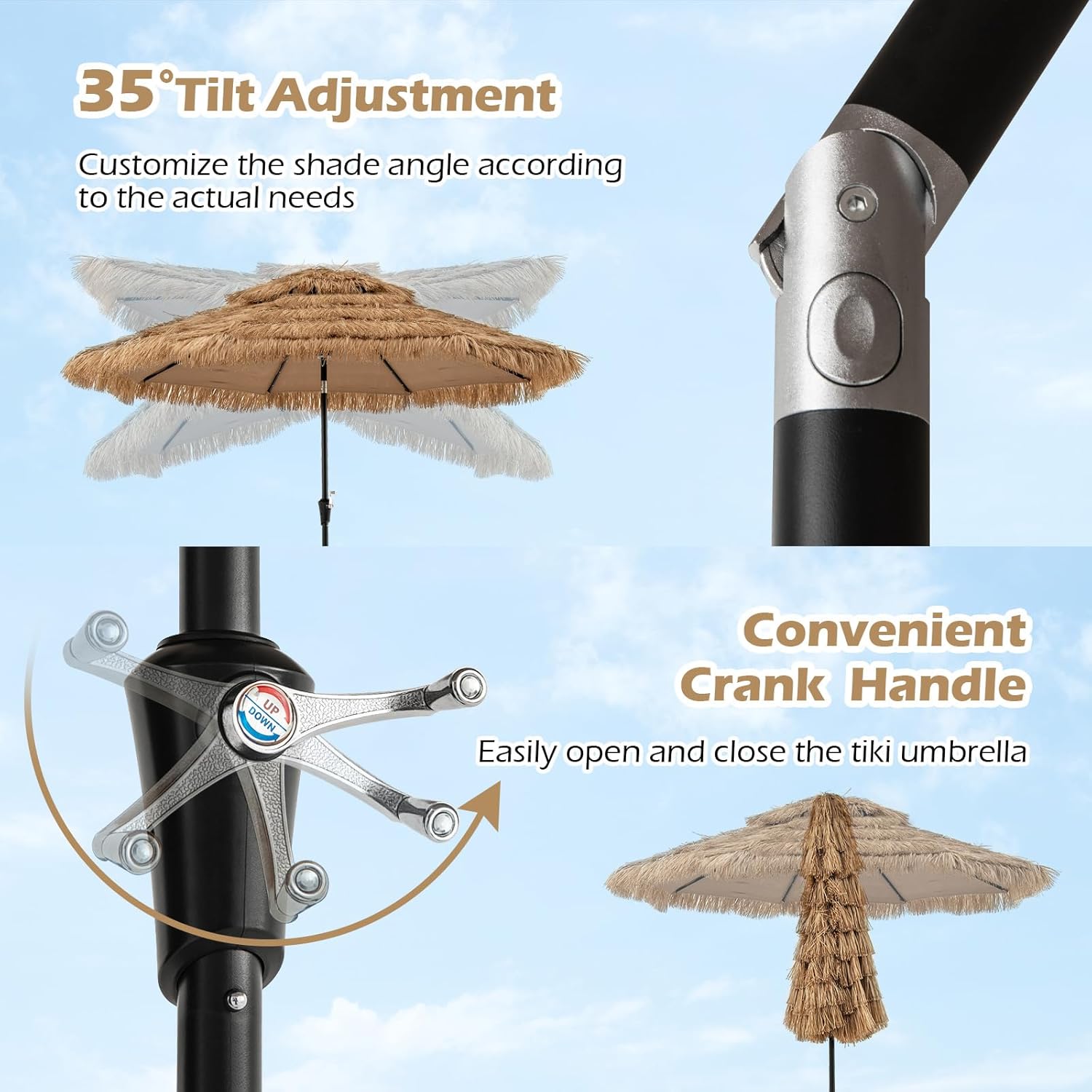 GOPLUS 3M Parasol en Paille PE avec 32 LED Solaires, Parasol Hawaïen Tropical avec Double Toit Inclinable, 8 Baleines, 9 Couches, Manivelle, Anti-UV, Manivelle, pour Jardin Patio Plage