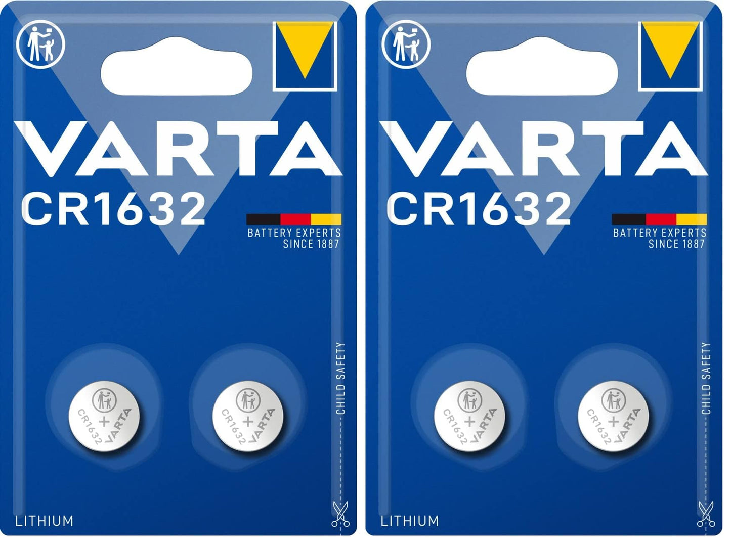 VARTA CR1632 Button Batteries, Pack of 2, Lithium Coin, 3V, Safe Packaging for Kids, for Small Electronic Devices - Watches, Car Keys, Remote Controls | child safety packaging, medical thermometer, heart rate monitor, car key, remote control, scale