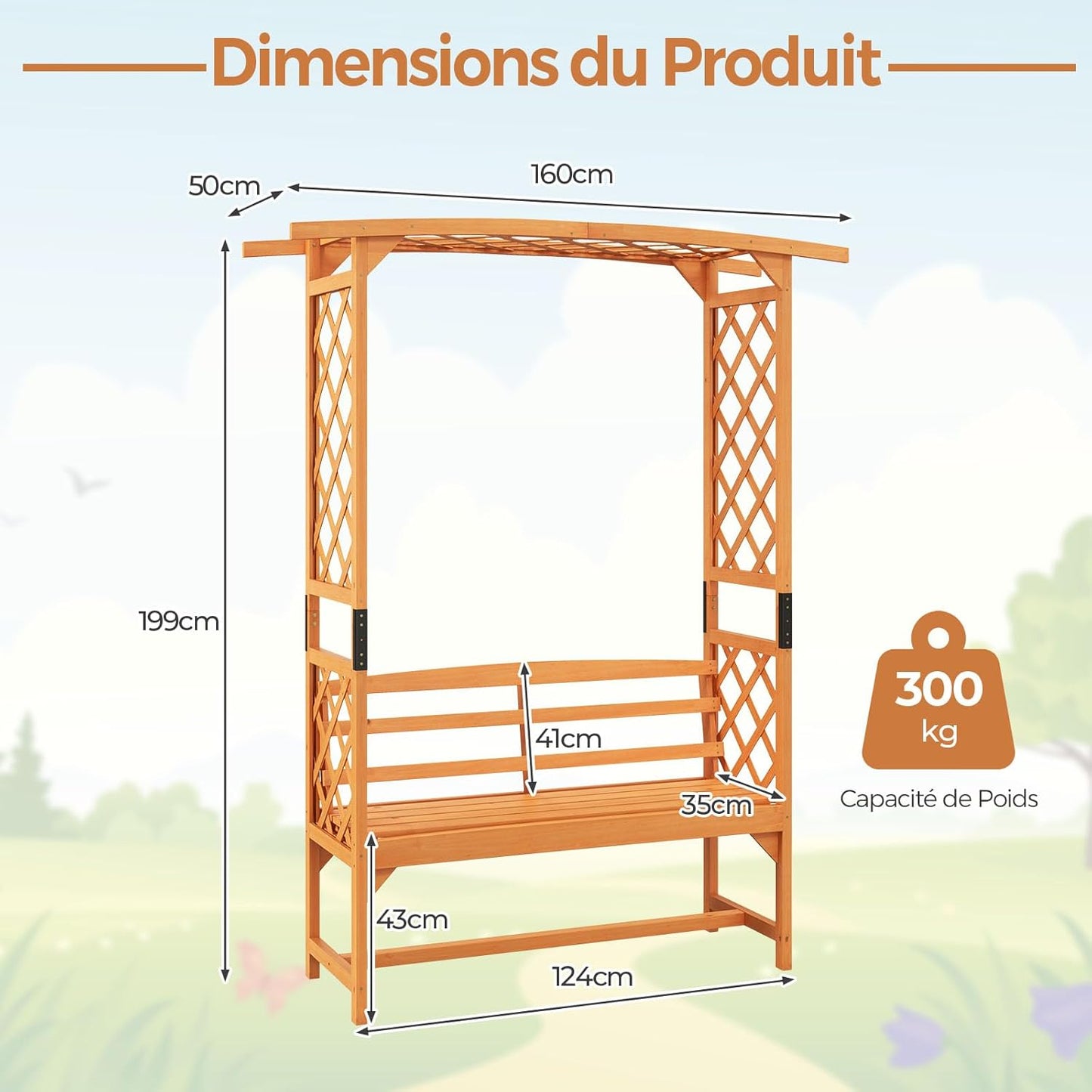 GOPLUS Arche Jardin avec Banc Exterieur, Banc et 2 Treillis pour Plantes Grimpantes, Vignes, Raisins,2 Places, pour Fête, Mariage (50x160x199CM)