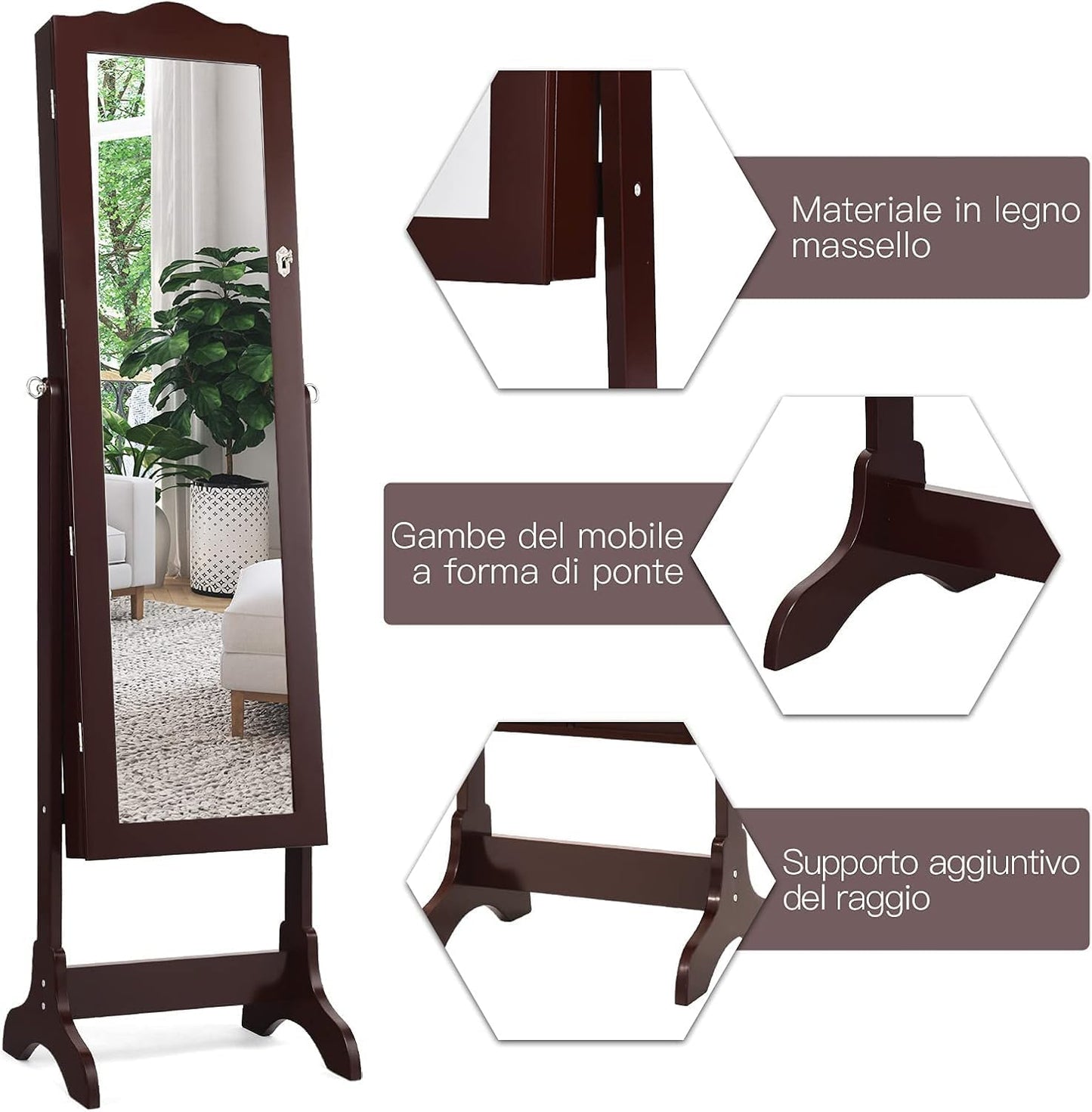 GOPLUS Armoire à Bijoux avec Miroir, 2 en 1 Armoire a Bijoux sur Pied avec 4 Angles Réglables, 14 Lumières LED, 6 Étagères, Meuble Bijoux Verrouillable en Bois pour Femmes et Filles (Brun)