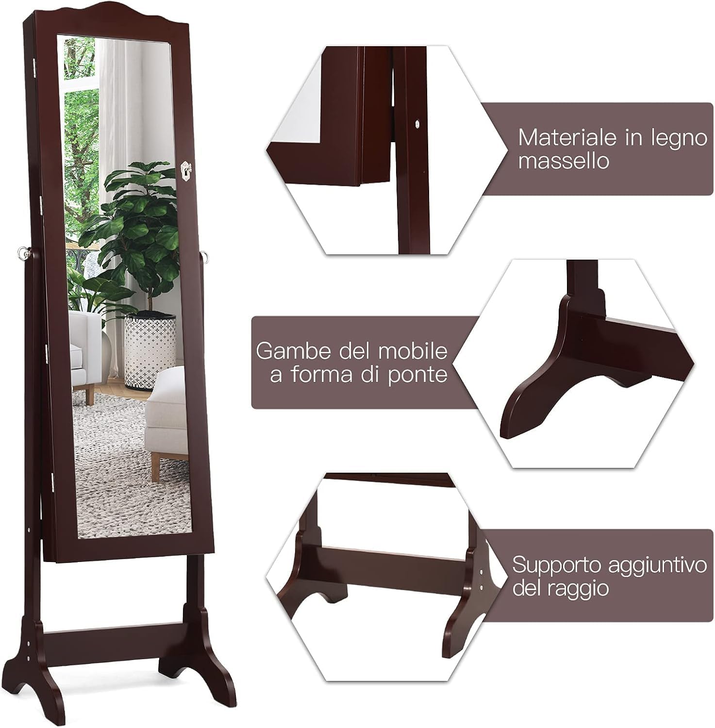GOPLUS Armoire à Bijoux avec Miroir, 2 en 1 Armoire a Bijoux sur Pied avec 4 Angles Réglables, 14 Lumières LED, 6 Étagères, Meuble Bijoux Verrouillable en Bois pour Femmes et Filles (Brun)