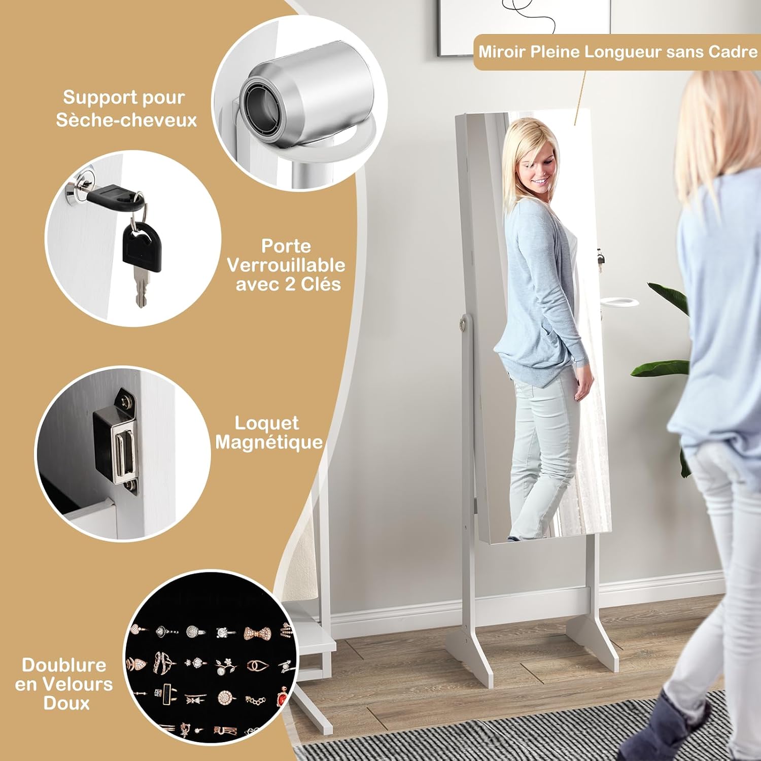 GOPLUS Armoire à Bijoux avec Miroir sur Pied, 2 en 1 Organisateur de Bijoux Verrouillable avec Lumières LED 3 Couleurs, 3 Angles Réglables, Armoire de Rangement Modern pour Collier, Bague, Blanc
