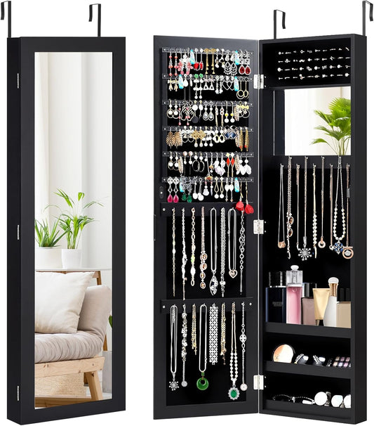 GOPLUS Armoire à Bijoux avec Miroir, Meuble à Bijoux Mural/Suspendu, avec Grand Espace de Rangement, Miroir Pleine Longueur, Miroir de Maquillage Intégré, Montage Mural/Accrocher à la Porte (Noir)