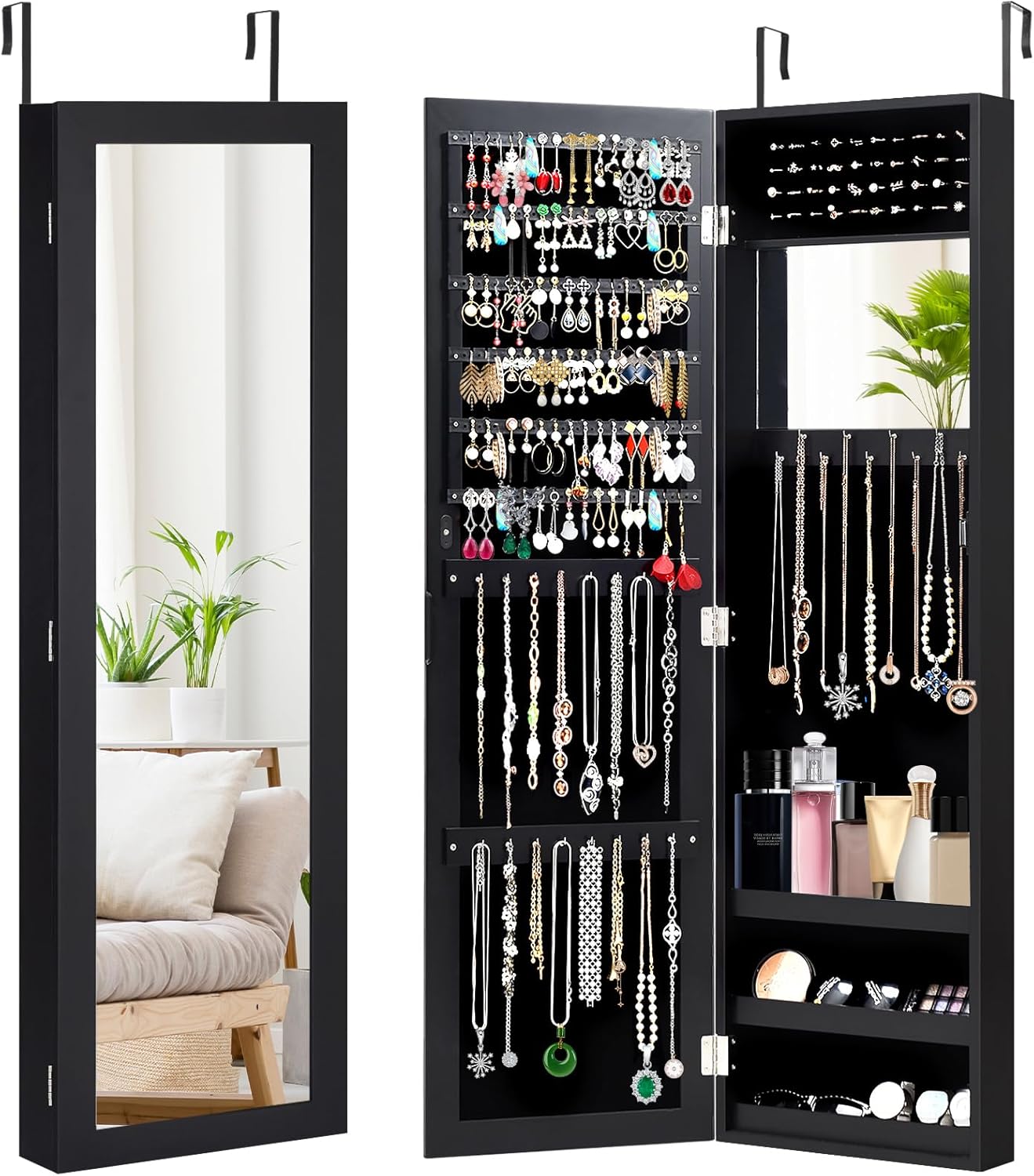 GOPLUS Armoire à Bijoux avec Miroir, Meuble à Bijoux Mural/Suspendu, avec Grand Espace de Rangement, Miroir Pleine Longueur, Miroir de Maquillage Intégré, Montage Mural/Accrocher à la Porte (Noir)