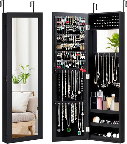 GOPLUS Armoire à Bijoux avec Miroir, Meuble à Bijoux Mural/Suspendu, avec Grand Espace de Rangement, Miroir Pleine Longueur, Miroir de Maquillage Intégré, Montage Mural/Accrocher à la Porte (Noir)