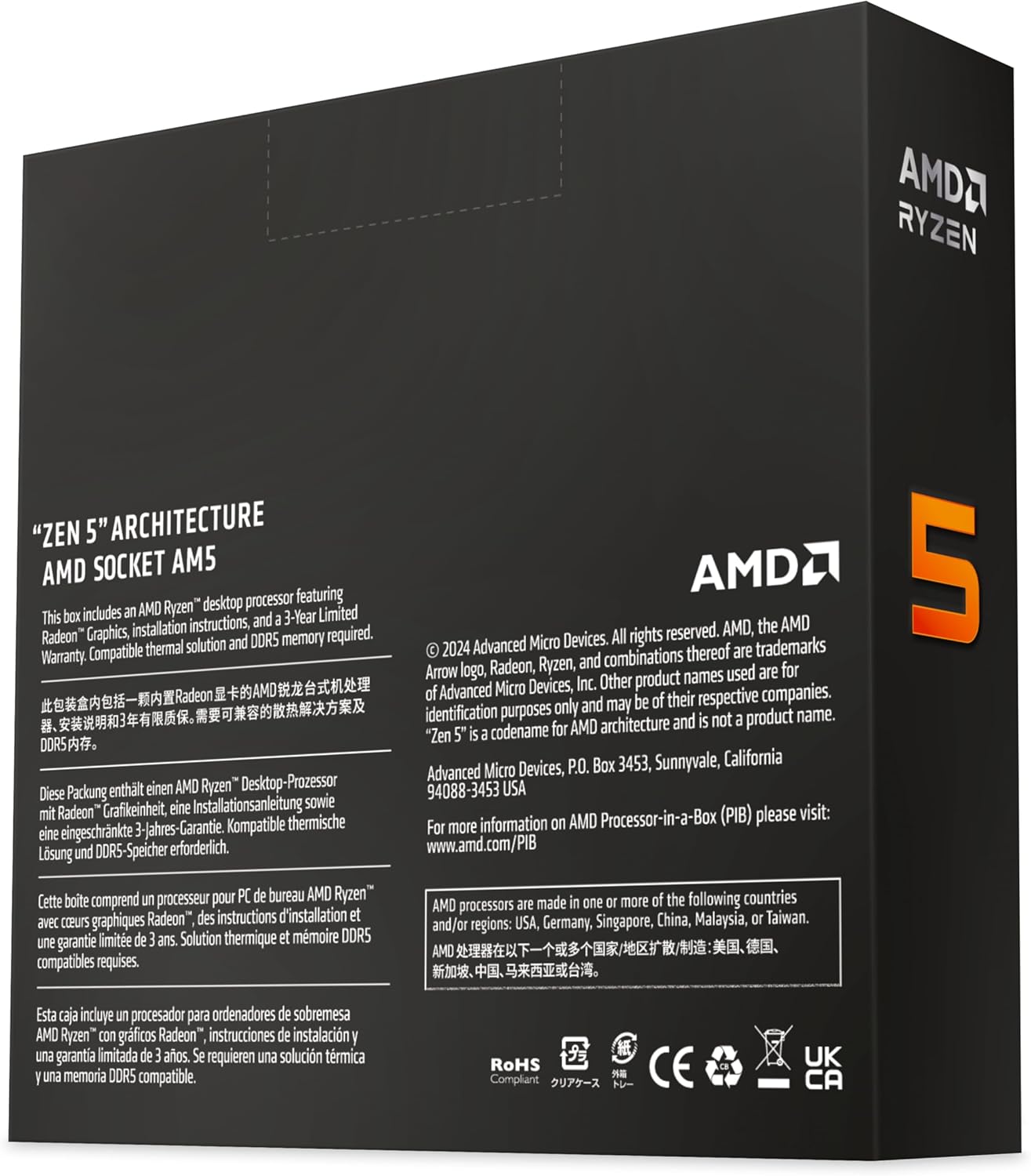 AMD Ryzen 5 9600X Processor (Integrated Graphics Radeon, 6 Cores/12 Threads, 65W TDP, Socket AM5, Cache 38MB, Up to 5.4GHz Frequency Boost, No Fan)