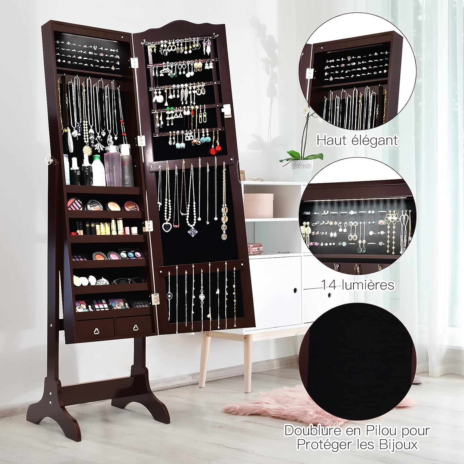 GOPLUS Armoire à Bijoux avec Miroir, 2 en 1 Armoire a Bijoux sur Pied avec 4 Angles Réglables, 14 Lumières LED, 6 Étagères, Meuble Bijoux Verrouillable en Bois pour Femmes et Filles (Brun)