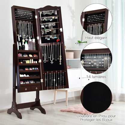 GOPLUS Armoire à Bijoux avec Miroir, 2 en 1 Armoire a Bijoux sur Pied avec 4 Angles Réglables, 14 Lumières LED, 6 Étagères, Meuble Bijoux Verrouillable en Bois pour Femmes et Filles (Brun)