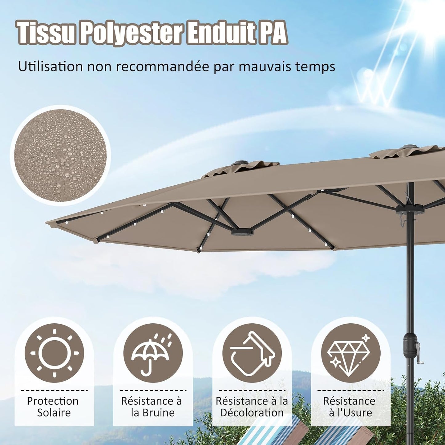 GOPLUS Parasol de Jardin Exterieur avec Pied, 4M Parasol Double Face avec LED, Manivelle et Ventilation, Grand Parasol Extérieur pour 6 Personnes pour Marché, Piscine, Terrasse, Balcon (Café)
