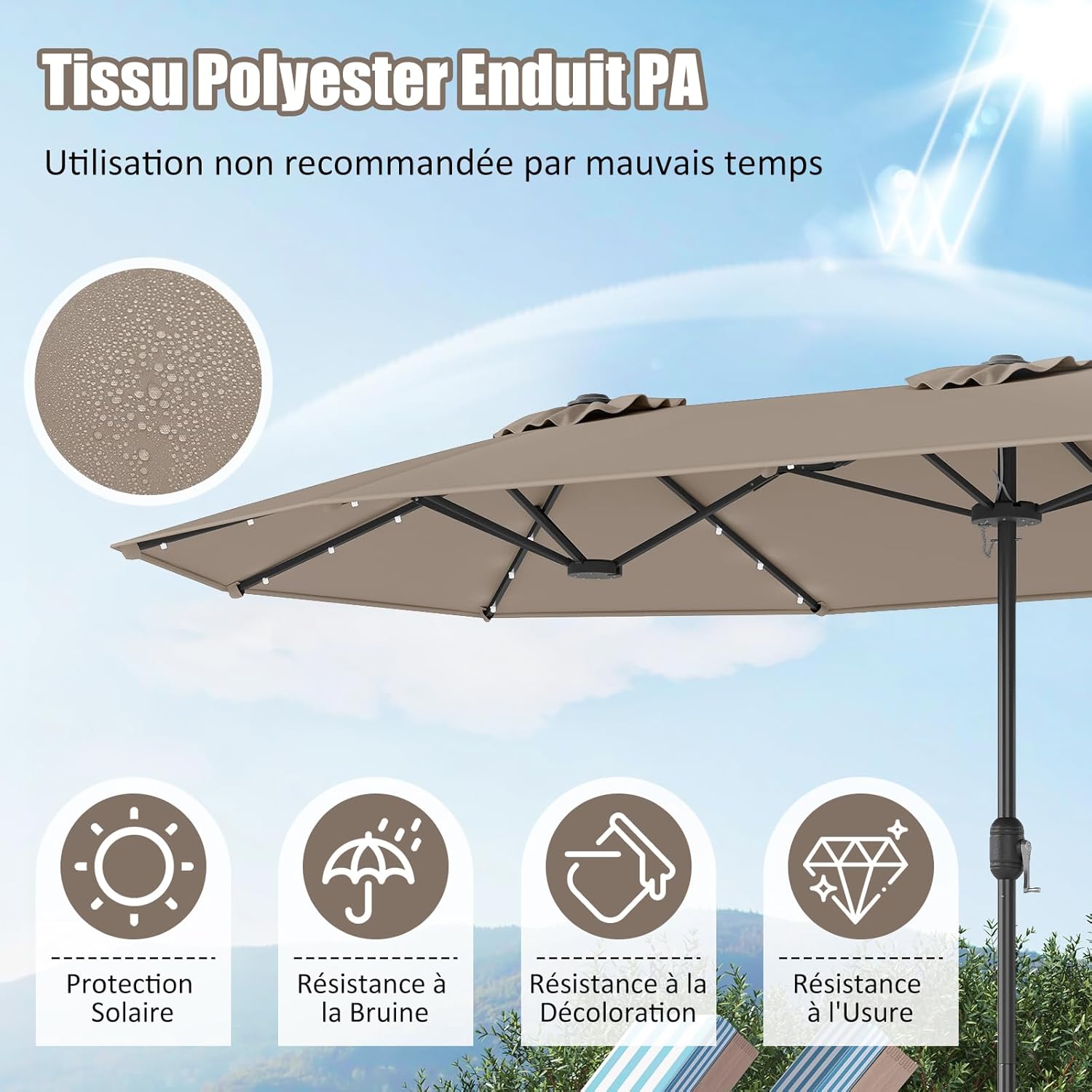 GOPLUS Parasol de Jardin Exterieur avec Pied, 4M Parasol Double Face avec LED, Manivelle et Ventilation, Grand Parasol Extérieur pour 6 Personnes pour Marché, Piscine, Terrasse, Balcon (Café)