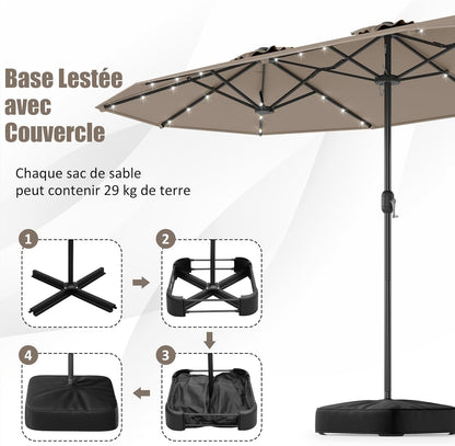 GOPLUS Parasol de Jardin Exterieur avec Pied, 4M Parasol Double Face avec LED, Manivelle et Ventilation, Grand Parasol Extérieur pour 6 Personnes pour Marché, Piscine, Terrasse, Balcon (Café)