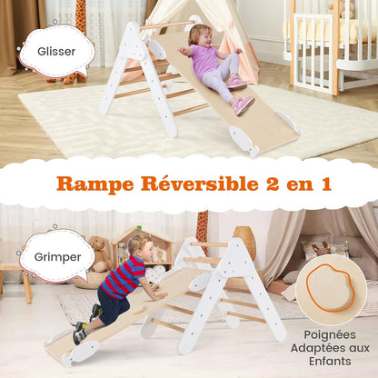 GOPLUS 7 en 1 Triangle Arche Montessori, Arche d'escalade Enfants avec Toboggan Bois,Rampe, Échelle Réglable, Charge 50KG, pour Tout-Petits Bébé 1 Ans+(Gris)