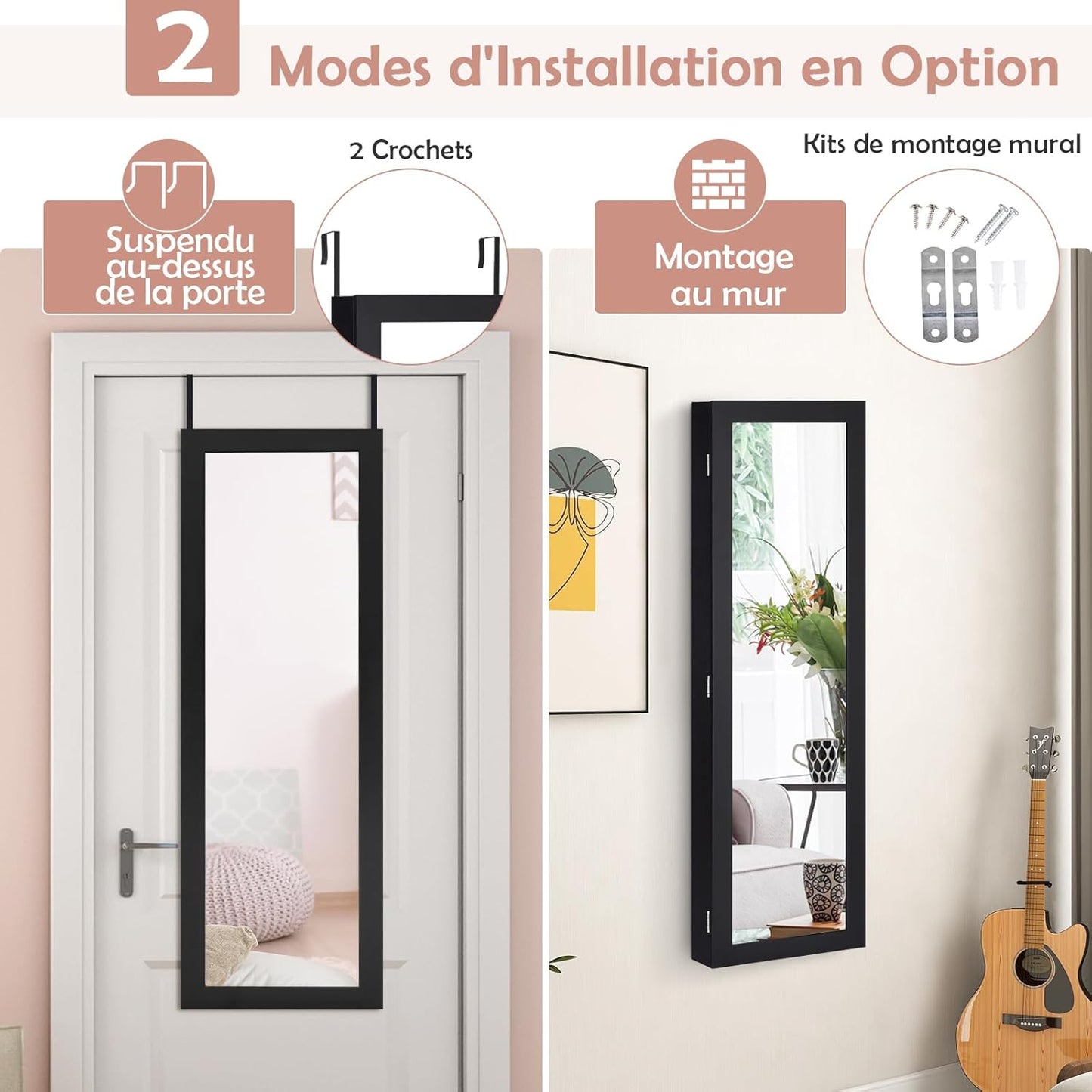 GOPLUS Armoire à Bijoux avec Miroir, Meuble à Bijoux Mural/Suspendu, avec Grand Espace de Rangement, Miroir Pleine Longueur, Miroir de Maquillage Intégré, Montage Mural/Accrocher à la Porte (Noir)