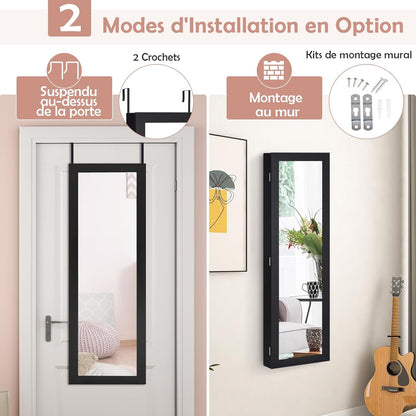 GOPLUS Armoire à Bijoux avec Miroir, Meuble à Bijoux Mural/Suspendu, avec Grand Espace de Rangement, Miroir Pleine Longueur, Miroir de Maquillage Intégré, Montage Mural/Accrocher à la Porte (Noir)