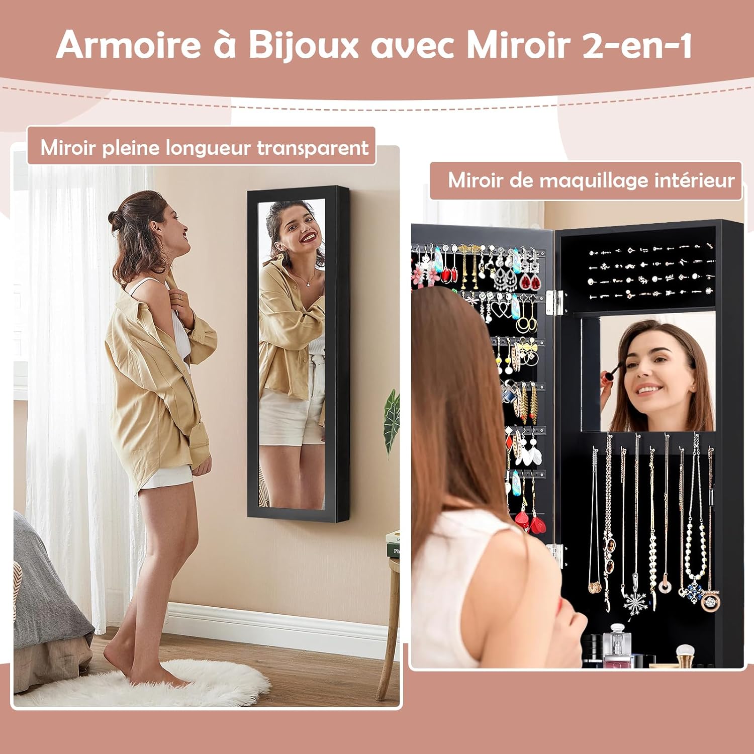 GOPLUS Armoire à Bijoux avec Miroir, Meuble à Bijoux Mural/Suspendu, avec Grand Espace de Rangement, Miroir Pleine Longueur, Miroir de Maquillage Intégré, Montage Mural/Accrocher à la Porte (Noir)