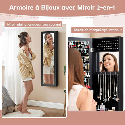 GOPLUS Armoire à Bijoux avec Miroir, Meuble à Bijoux Mural/Suspendu, avec Grand Espace de Rangement, Miroir Pleine Longueur, Miroir de Maquillage Intégré, Montage Mural/Accrocher à la Porte (Noir)