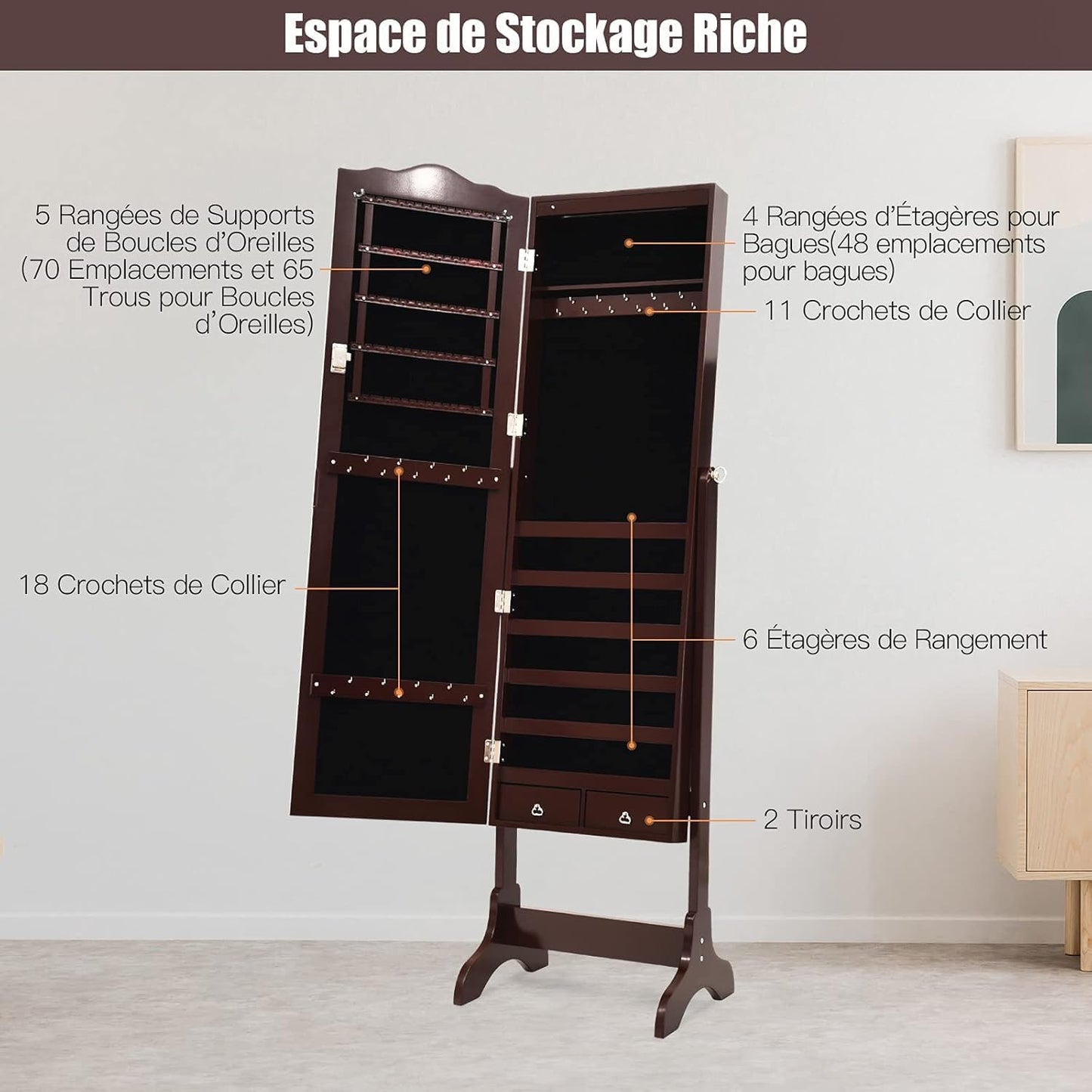 GOPLUS Armoire à Bijoux avec Miroir, 2 en 1 Armoire a Bijoux sur Pied avec 4 Angles Réglables, 14 Lumières LED, 6 Étagères, Meuble Bijoux Verrouillable en Bois pour Femmes et Filles (Brun)