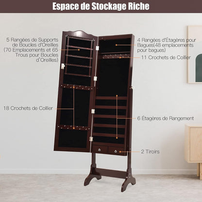 GOPLUS Armoire à Bijoux avec Miroir, 2 en 1 Armoire a Bijoux sur Pied avec 4 Angles Réglables, 14 Lumières LED, 6 Étagères, Meuble Bijoux Verrouillable en Bois pour Femmes et Filles (Brun)