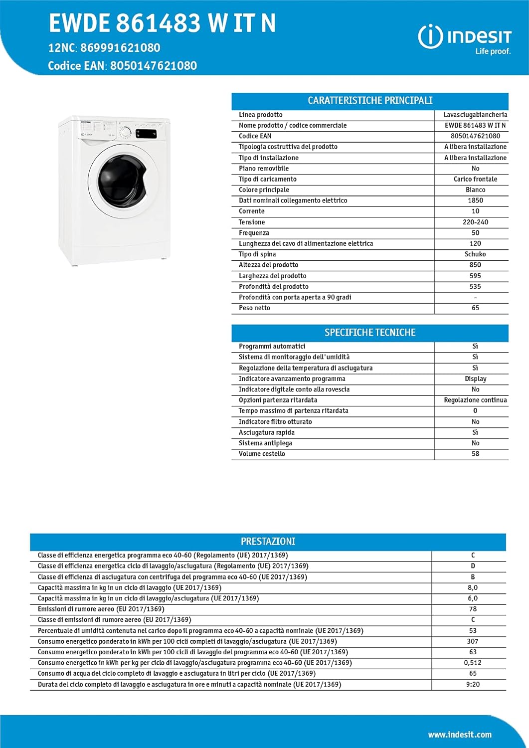 EWDE 861483 W IT N - Lave-Linge 8 Kg Charge Avant, Libre Installation. Centrifugeuse 1400 Tours Par Minute. Largeur 59,5 Cm, Profondeur 53,5 Cm, Hauteur 85 Cm, Classe Énergétique D, Blanc