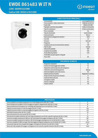 EWDE 861483 W IT N - Lave-Linge 8 Kg Charge Avant, Libre Installation. Centrifugeuse 1400 Tours Par Minute. Largeur 59,5 Cm, Profondeur 53,5 Cm, Hauteur 85 Cm, Classe Énergétique D, Blanc