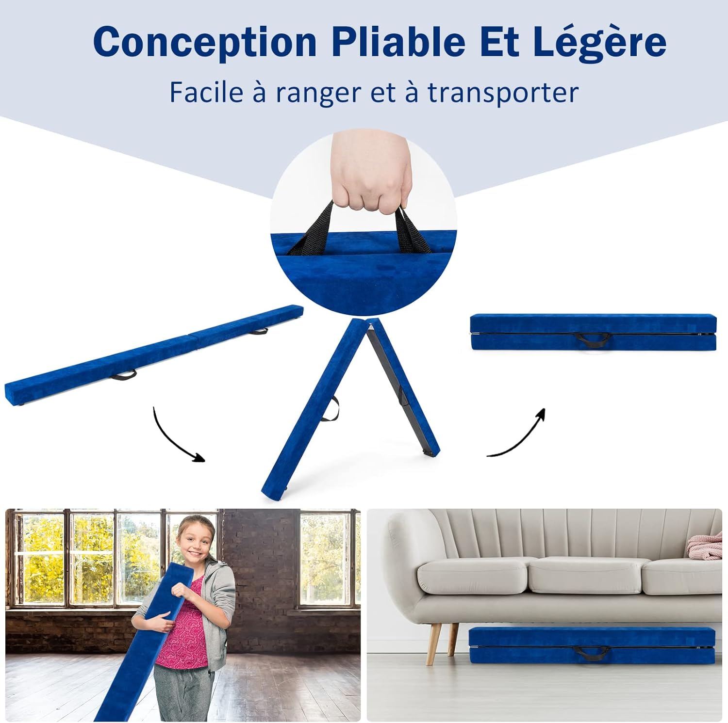 GOPLUS Poutre Gymnastique Pliable 210cm, Poutre Gymnastique avec Patins Antidérapants, Surface Suède, Entraînement de Gymnastique pour Enfants et Adultes, Gain d’Espace