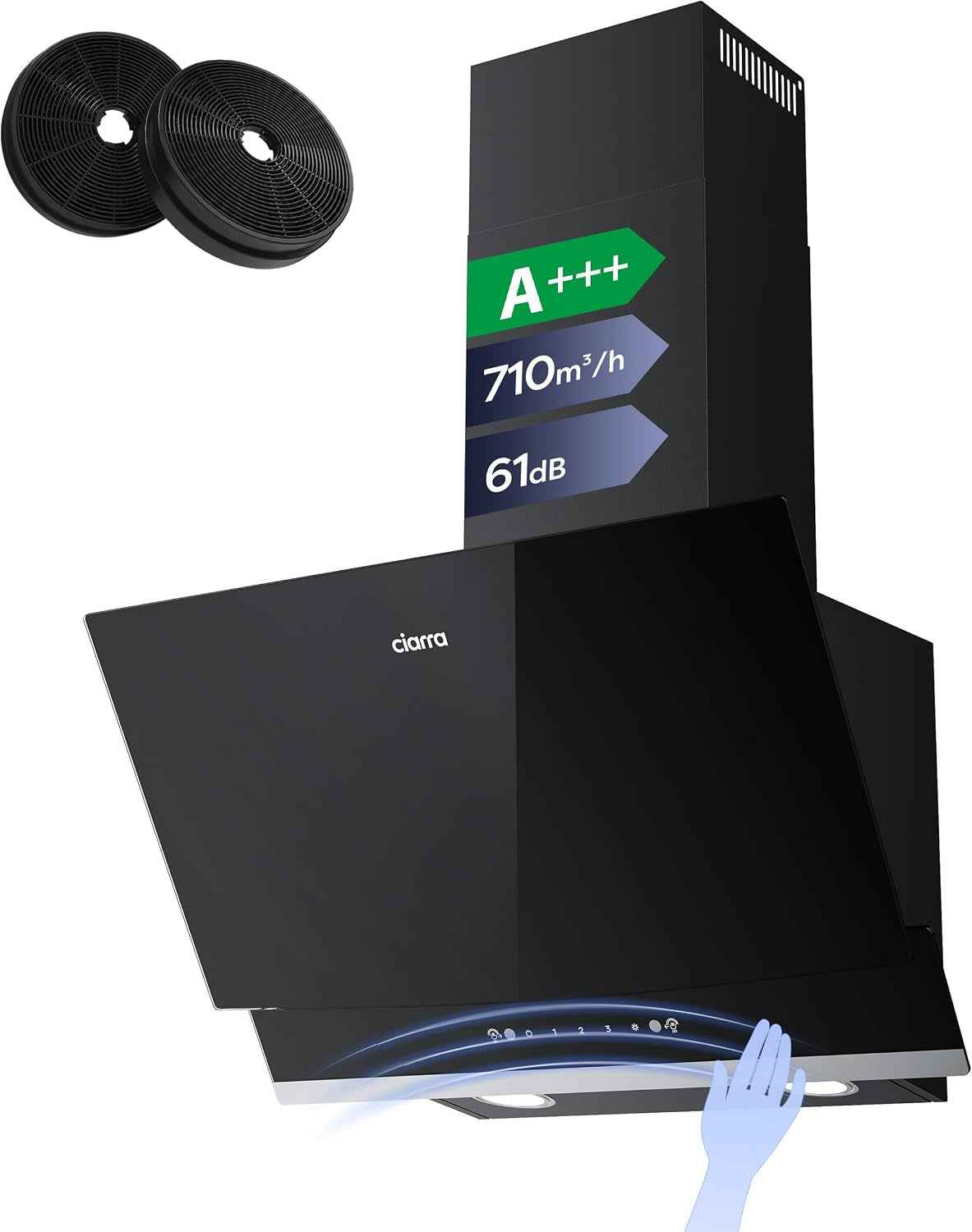 CBCB6736A Hotte Aspirante Inclinée 60 Cm A+++ 710 M³/H Gestuelle | Commande Tactile, 61 Db, Évacuation/Recyclage, Filtre Charbon CBCF003 Inclus, LED 2 Intensités, Verre Noir Facile À Nettoyer