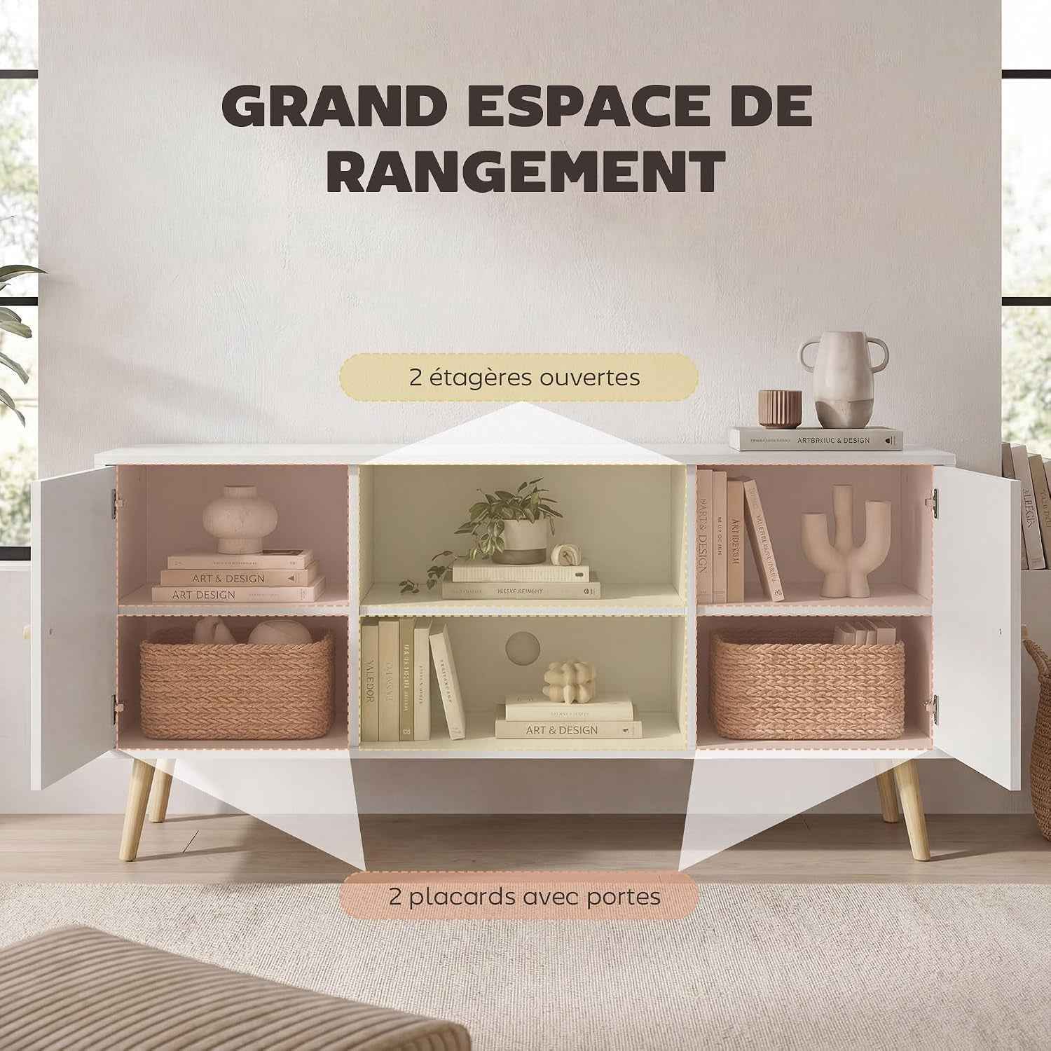 Meuble TV 120 Cm Pour Téléviseur Jusqu'À 55 Pouces Blanc | Meuble Télé, 2 Placards, 2 Étagères Ouvertes, Banc TV Moderne, Salon, Chambre À Coucher
