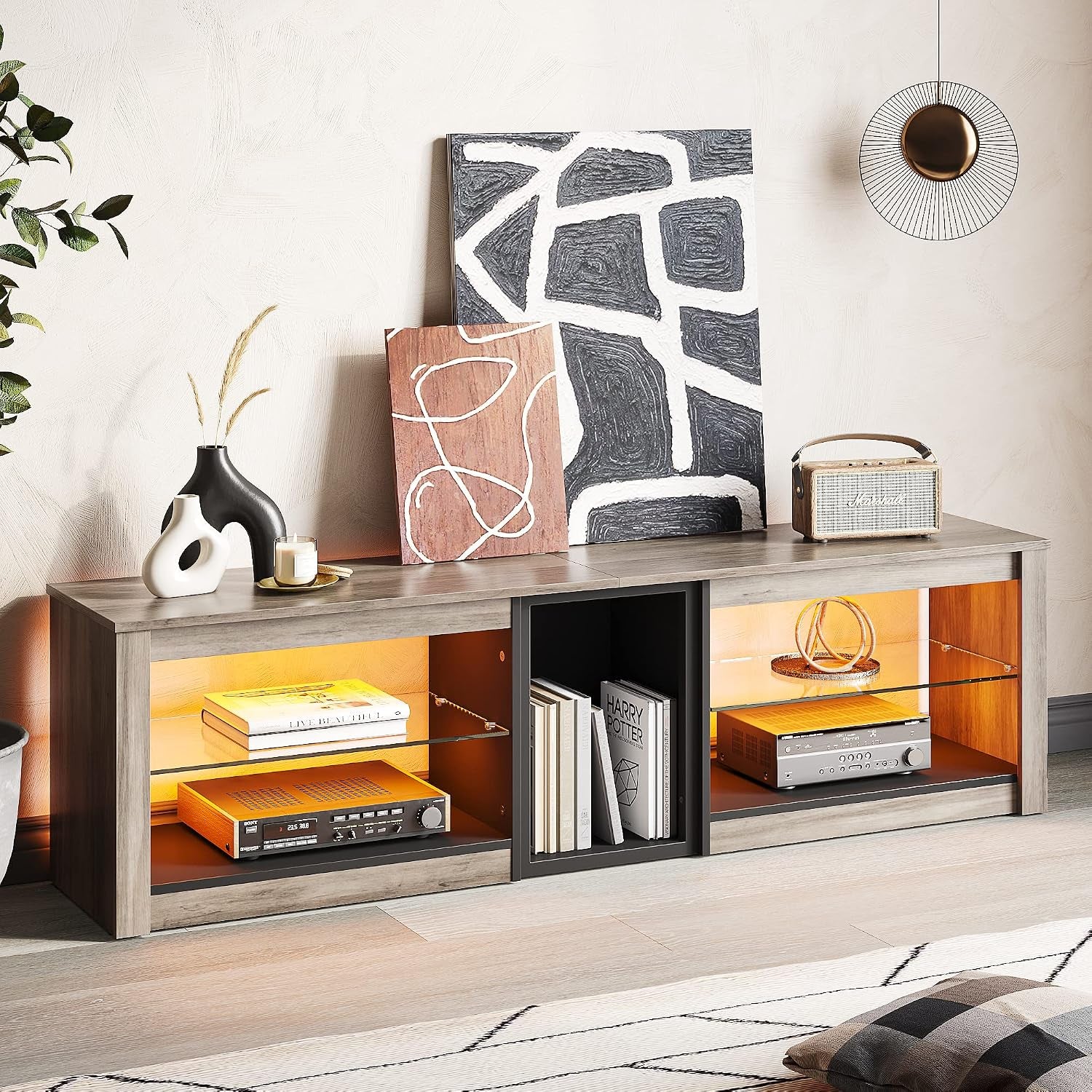 Meuble TV Bas Pour Téléviseurs 65" Et plus Petits, 160 X 35 X 52 Cm, Meuble TV Avec Lumières LED RVB, Table TV Avec Gestion Des Câbles Intégrée, Plateau En Verre Réglable